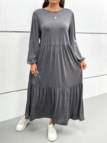 SHEIN Essnce 大码女式长裙，2 个口袋，秋季连衣裙，灰色连衣裙，女士服装连衣裙，带袖秋季女裙，秋季裙子，长款秋季连衣裙，秋季女装 - 深灰色 - 查看 4