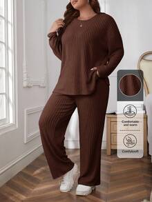 SHEIN Essnce Plus Size Solid Color Round Neck Drop Shoulder Long Sleeve Ribbed Loose 2 Pieces Set Fall - Rust Brown - View 6