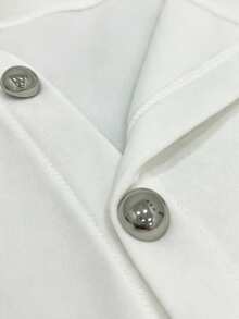 SHEIN Pure White Solid Color Knit Fabric Stand Collar Diagonal Single-Breasted Round Metal Button Placket Dropped Shoulder Loose Lantern Long Sleeve Ribbed Hem Mid-Length Casual Open-Front Sweatshirt - White - View 4