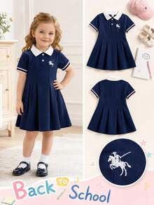 SHEIN Girls' Summer Versatile Cute Simple Ribbed Collar Ribbed Cuffs White Embroidered Pattern Pleated Dress - Navy Blue - View 2