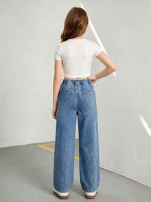 SHEIN 女童牛仔褲，秋季新品，時尚休閒風，百搭萬能設計，直筒寬鬆版型，輕盈柔軟牛仔面料，時尚女孩必備，適合日常拍照、購物、出遊、派對、音樂節、度假等多種場合，2026新款女童牛仔褲 - 中等水洗藍 - 查看 2