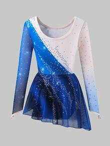 SHEIN 青少年女孩花式滑冰服，專業運動、日常訓練、校園比賽，時尚圖案，插肩袖，防走光裙擺設計，高彈性舒適拉伸，秋冬款 - 黑與白 - 查看 7