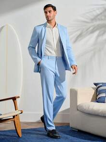 VeloEdit Men's Solid Color Casual Commuter Blazer & Pants Formal Suit Clothes Formal, Ceremony - Baby Blue - View 4