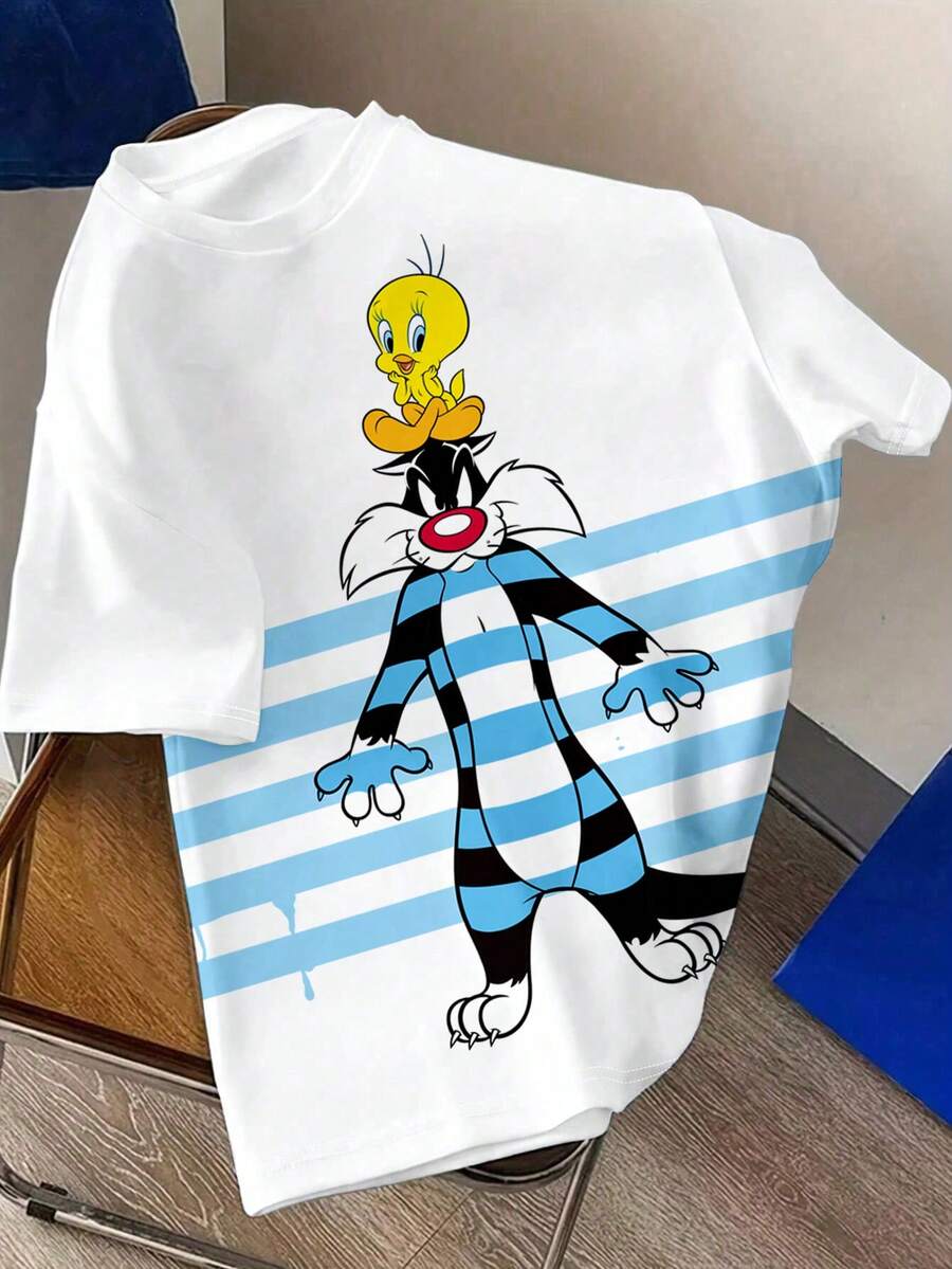 LOONEY TUNES X SHEIN Daypath 男士可愛 Tweety Bird 卡通印花短袖 T 恤 - 白色 - 查看 1