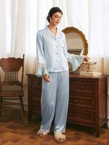 Côtesoire Women's Contrast Lace Bell Sleeve Single-Breasted Top And Long Pants Elegant Pajama Set - Baby Blue - View 5