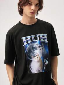 Vaulklash Men's Round Neck Short Sleeve Casual Cat Print T-Shirt - Black - View 7
