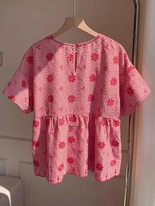 Comfortcana 紅色格紋花卉刺繡休閒女款襯衫 - 紅色 - 查看 2