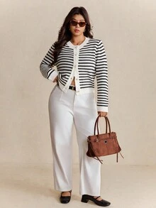 Elaquor Plus Size Women Casual Commuter Striped Pattern Faux Pearl Button Cardigan In Fall/Winter - Black and White - View 3