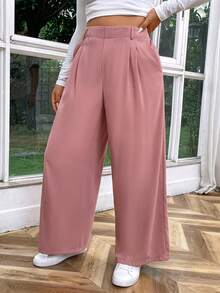 SHEIN Essnce High Waisted Plicated Side Pocket Wide Leg Waffle Work Plus Size Pants Fall - Pink - View 3