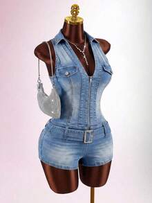 Amplova 女款拉鍊休閒日常牛仔連身褲 - 黑色 - 查看 5