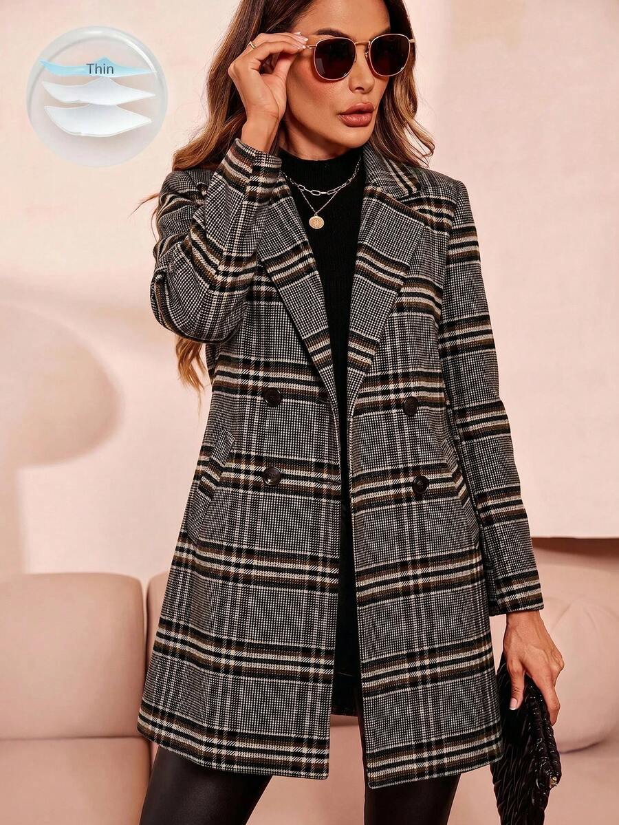 SHEIN Clasi Mantel Panjang Berkerah Lipat dengan Kancing Ganda untuk Musim Gugur/Dingin - Khaki - View 1