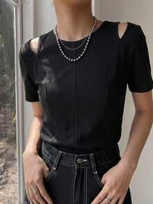 FRIFUL Women's Summer Spring Solid Color Slim Fit Flattering Versatile Short Sleeve T-Shirt - Black - View 4