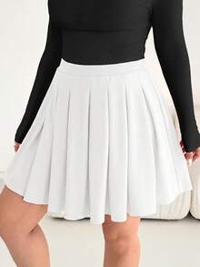 SHEIN Essnce Plus Size Women Solid Color Pleated Casual Versatile Daily Wear Skirt - White - View 3