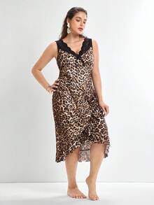 Slumbrini Plus Size Women Sexy Deep V Lace Patchwork Leopard Print Ruffle Hem Nightgown - Multicolor - View 5