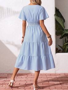 Celisse Summer Style Blue And White Stripe V-Neck Flutter Sleeve Cinched Waist Tiered Ruffle Hem Elastic Long Dress For Women Picnic Vacation French Boho - Blue - View 2
