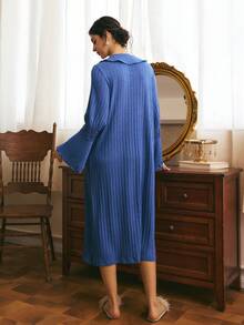 Côtesoire French Elegant Romantic Peter Pan Collar Button Decor Flared Sleeve Lace Patchwork Ribbed Long Solid Color Women's Nightgown - Navy Blue - View 2