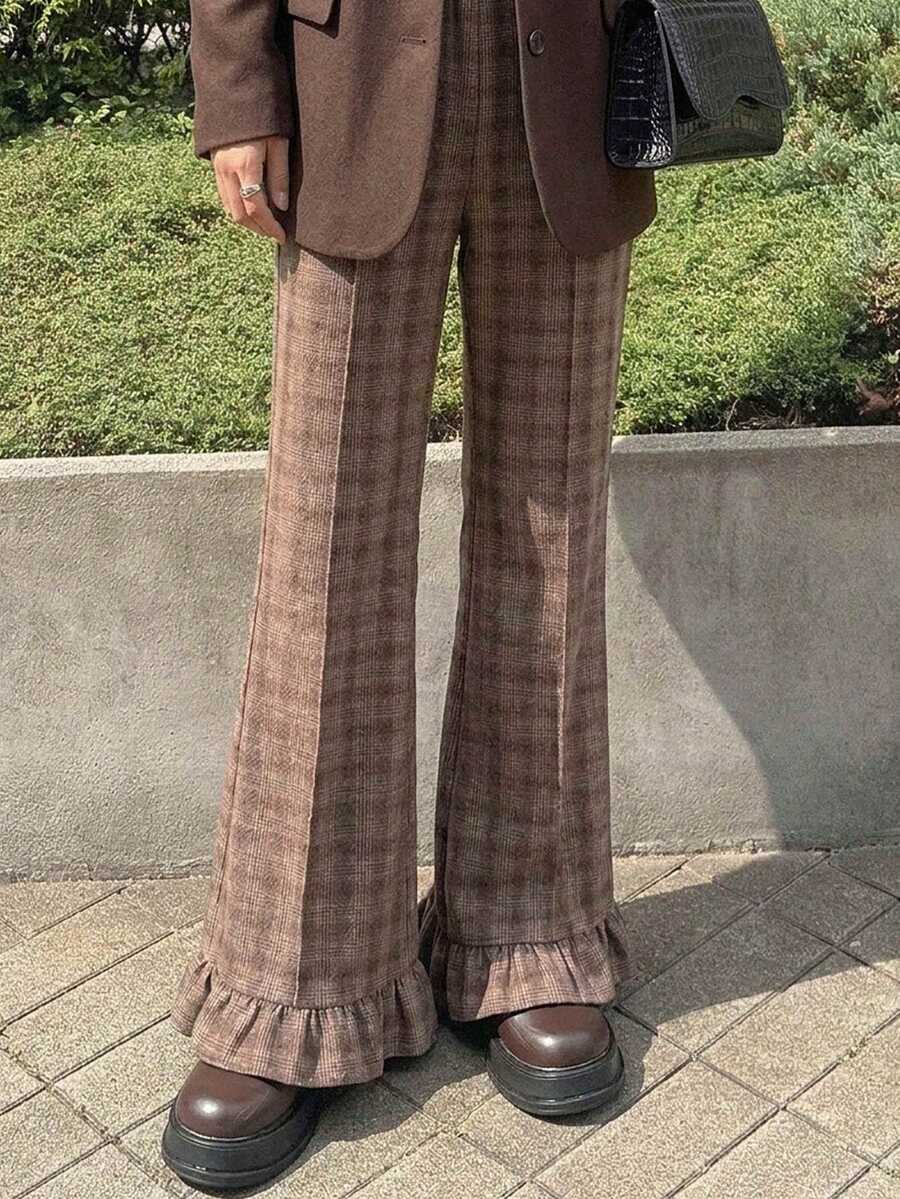 FRIFUL Women's Plaid Elastic Waist Commuter Flare Leg Pants Fall - Brown - View 1