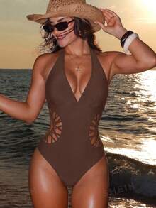 Swim SXY Solid Color Deep V-Neck Fitted Hollow Out Backless One-Piece Swimsuit For Women Bathing Suit One Piece Swimsuit - Coffee Brown - View 3