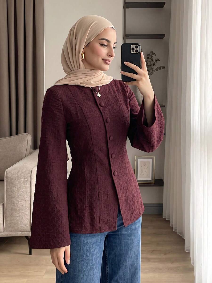 Solavon Women's Solid Color Casual Daily Arabic Style Top - Coffee Brown - View 1