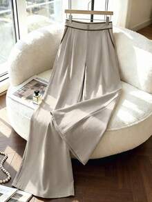 Elenzga Plus Size Women's High Waist Pocket Wide Leg Loose Pants, Summer Autumn Long Contrast Color Edge, Business Casual Casual Elegant Beige Office Formal - Apricot - View 4