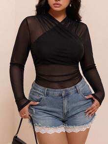 CovetEZ Summer/ New Sexy Country Solid Color Mesh Bodycon Plus Size Bodysuit Rave Cocktail Black - Black - View 5