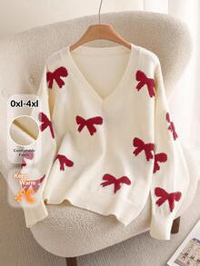 CosyJoli Plus Size Women Loose Fit V-Neck Butterfly Pattern Long Sleeve Sweater In Fall/Winter - Apricot - View 7