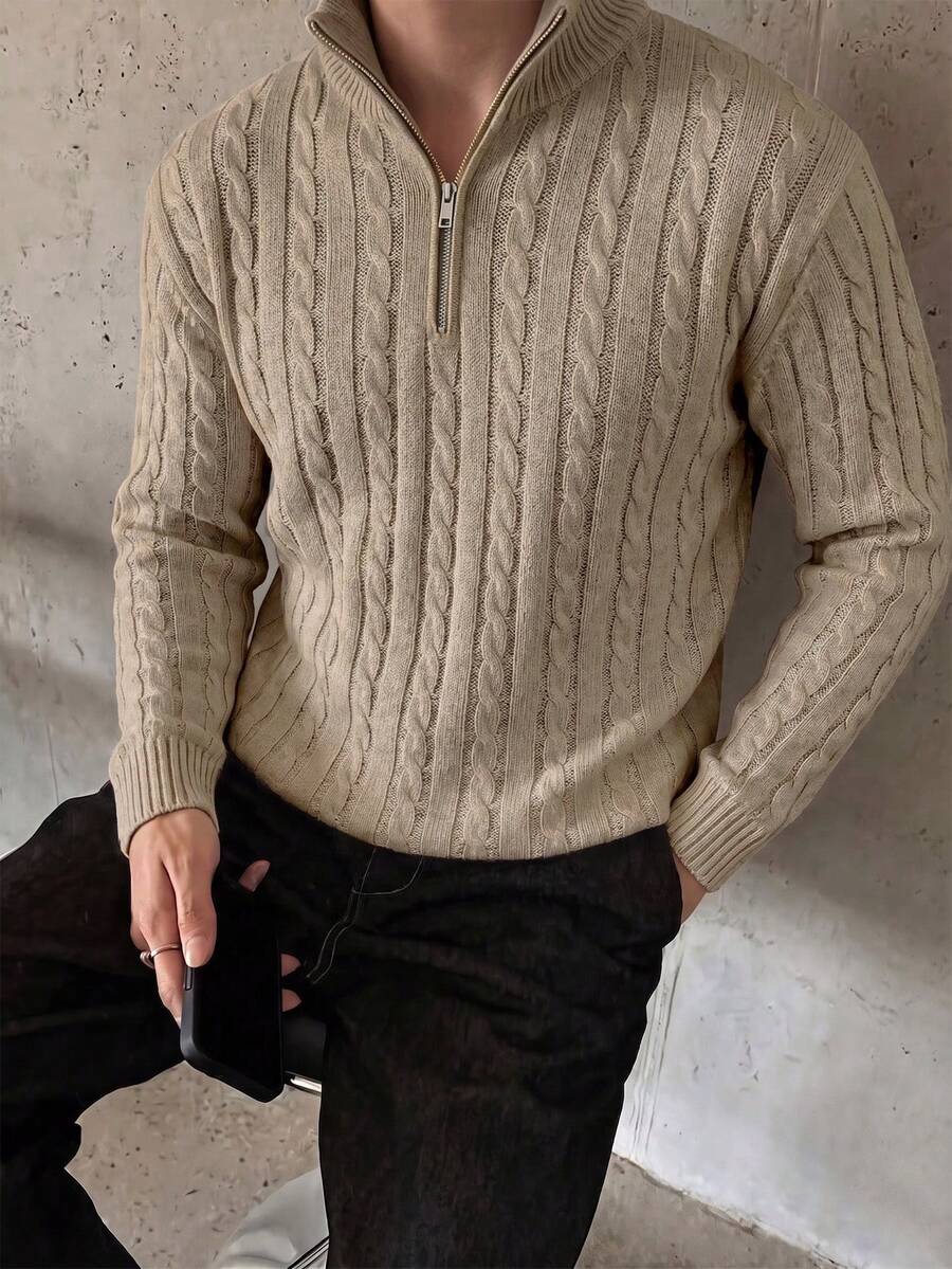 Manfinity CasualKnits 秋冬新款部落客風時尚設計 3D 扭繩圖案半開領套頭毛衣 - 卡其色 - 查看 1