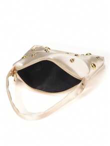 Glamine Plain Elegant Fashion Minimalist Satin Pearl Magnetic Triangular Handbag, For Parties, Weddings, Galas, Gatherings - Champagne - View 2
