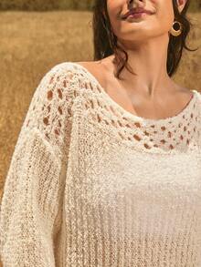 Freevana Boho Soft Form Allover White Ribbed Knit Sweater With Crochet Yoke Off-Shoulder Neck Cozy Autumn Party Office Date Night Top Pullovers For Women Fall - White - View 6