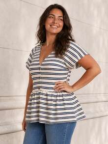 ELLERISSA Plus Size Apricot Navy Stripe V Neck Button Front Peplum T-Shirt - Apricot - View 3