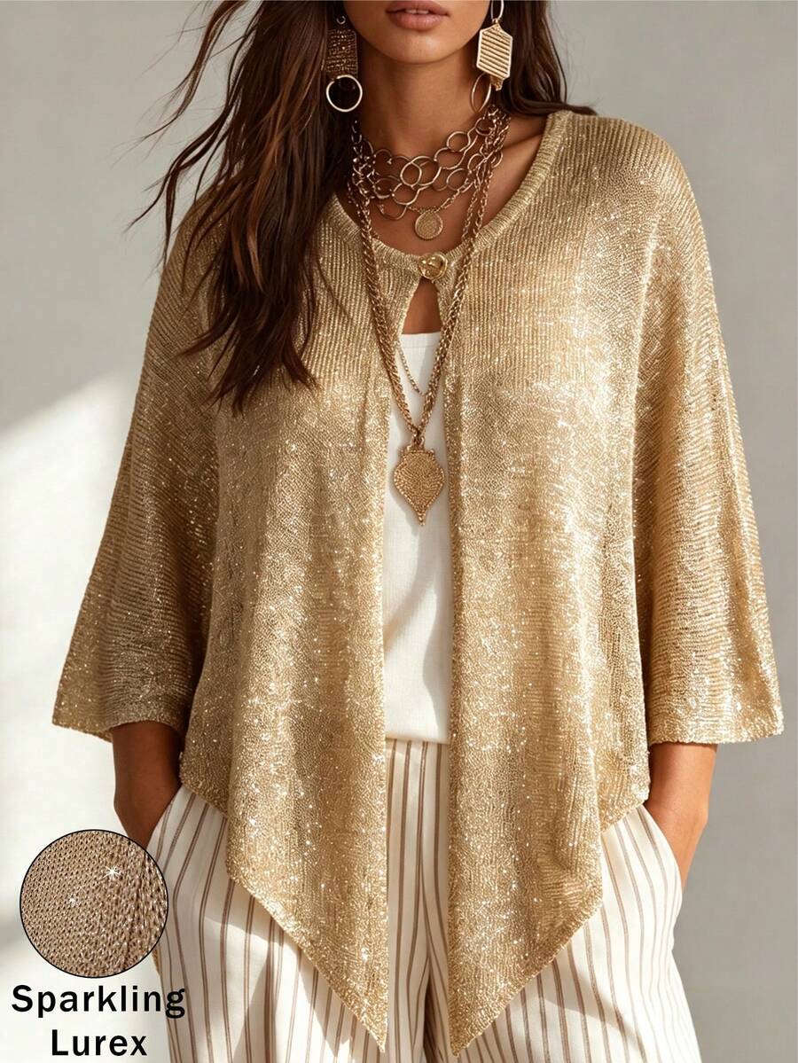 Linhara CURVE 2026NewPlusSizeSolidColorKnitCardiganWithGoldSilverMetallicThreadLuxuriousShawlSuitableForRomanticVacationWomenCardiganSweaterSparklySilverLurexBlend - Apricot - View 1