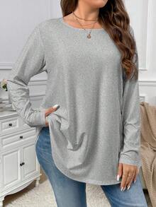 Firerie Plus Size Elegant Casual Loose Swing Long Sleeve Round Neck Solid Basic Tee, Suitable For Stay-At-Home Or Going Out Fall - Grey - View 3
