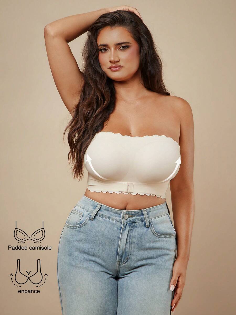 SHEIN BAE CURVE 大码纯色抹胸文胸 - 杏色 - 查看 1