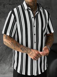 SLATEMANN Men's Striped Colorblock Single-Breasted Short Sleeve Shirt - Multicolor - View 6