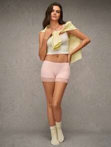 Esseday Pink High Elastic Lace Patchwork Casual Daily Minimalist Comfortable Women's Safety Pants - Pink - View 5