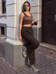 Pariaura Women's Solid Color Elastic Waist Casual Versatile Daily Outdoor Sweatpants - Coffee Brown - View 1