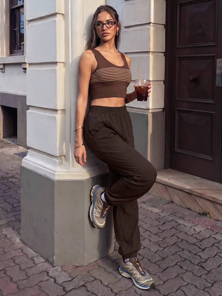 Pariaura Women's Solid Color Elastic Waist Casual Versatile Daily Outdoor Sweatpants - Coffee Brown - View 1