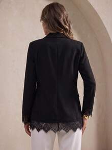 Elegantrix Blazer marrón con solapa y dos botones, diseño de empalme de encaje en el dobladillo, ropa formal vintage suave de talla grande, adecuado para oficina, té de la tarde y citas - Negro - Ver 8