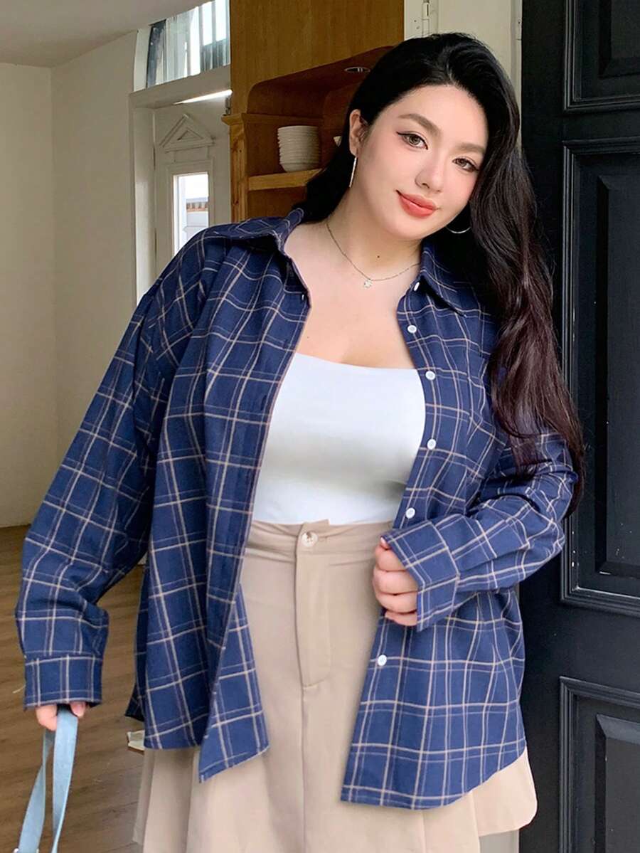 Dazy Plus 大码女式宽松落肩长袖格纹衬衫,春秋季,法兰绒女式格子 - 藏蓝色 - 查看 1