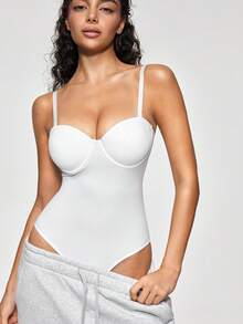 SHAPORA 女款純色百搭細肩帶塑身內衣，適合度假穿著 - 白色 - 查看 7