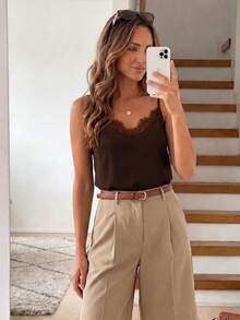 SHEIN LUNE Pure Cotton Lace Patchwork Black Cami Tank Top - Brown - View 2