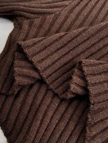 Maweii Sweater Pullover Wanita Ukuran Plus dengan Lengan Lonceng Bertekstur dan Bergaris, Potongan Pas Badan, dan Hem Melengkung - Coffee Brown - View 7