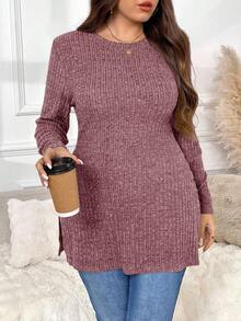 SHEIN Frenchy Plus Size Casual Solid Color Split Hem Long Sleeve T-Shirt, Autumn Fall - Pink - View 2