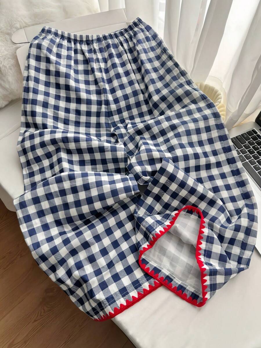Comfortcana 女款格紋休閒可愛百搭日常穿著長褲 適合學校居家 白色與藍色 夏季 - 藍色 - 查看 1