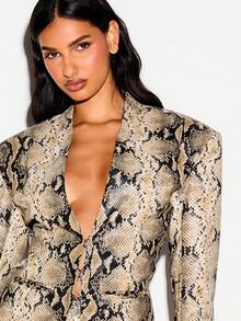KIZN Snake Print Faux Leather Structured Blazer With Deep V Neckline And Fitted Silhouette For Evening And Night Out - Multicolor - View 7