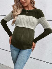 SHEIN Maternity Casual Colorblock Spring/Autumn Long Sleeve Round Neck Nursing Top Long Maternity T-Shirt Fall - Army Green - View 6