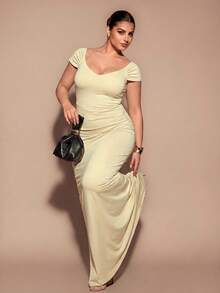 SHEIN BAE CURVE Plus Size Elegant Solid Color Dress - Apricot - View 6