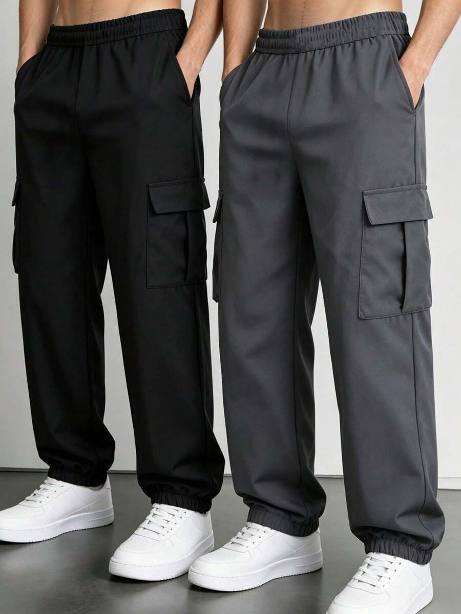 SHEIN Explorewe 青少年男孩百搭萬用側邊不對稱條紋素色長褲 2件/套 - 黑色 - 查看 1