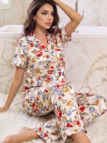 LuxeNights Classic Lapel Floral Faux Silk Short Sleeve Long Pants Loungewear Pajama Set For Women - Multicolor - View 1