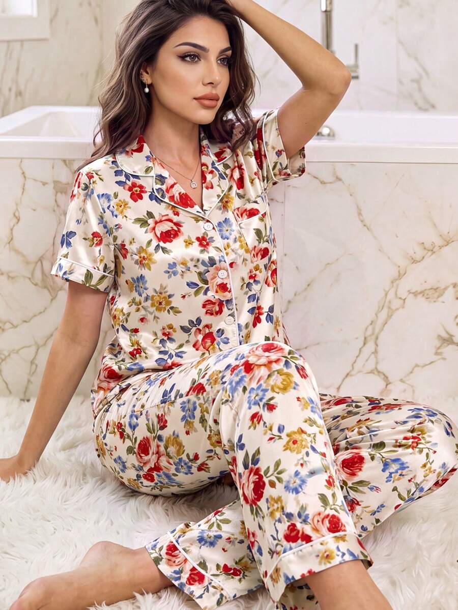 LuxeNights Classic Lapel Floral Faux Silk Short Sleeve Long Pants Loungewear Pajama Set For Women - Multicolor - View 1